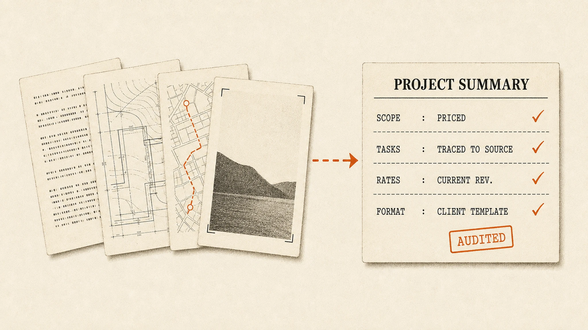 A stack of project papers, plans, maps, and photos condensed into one audited project summary card