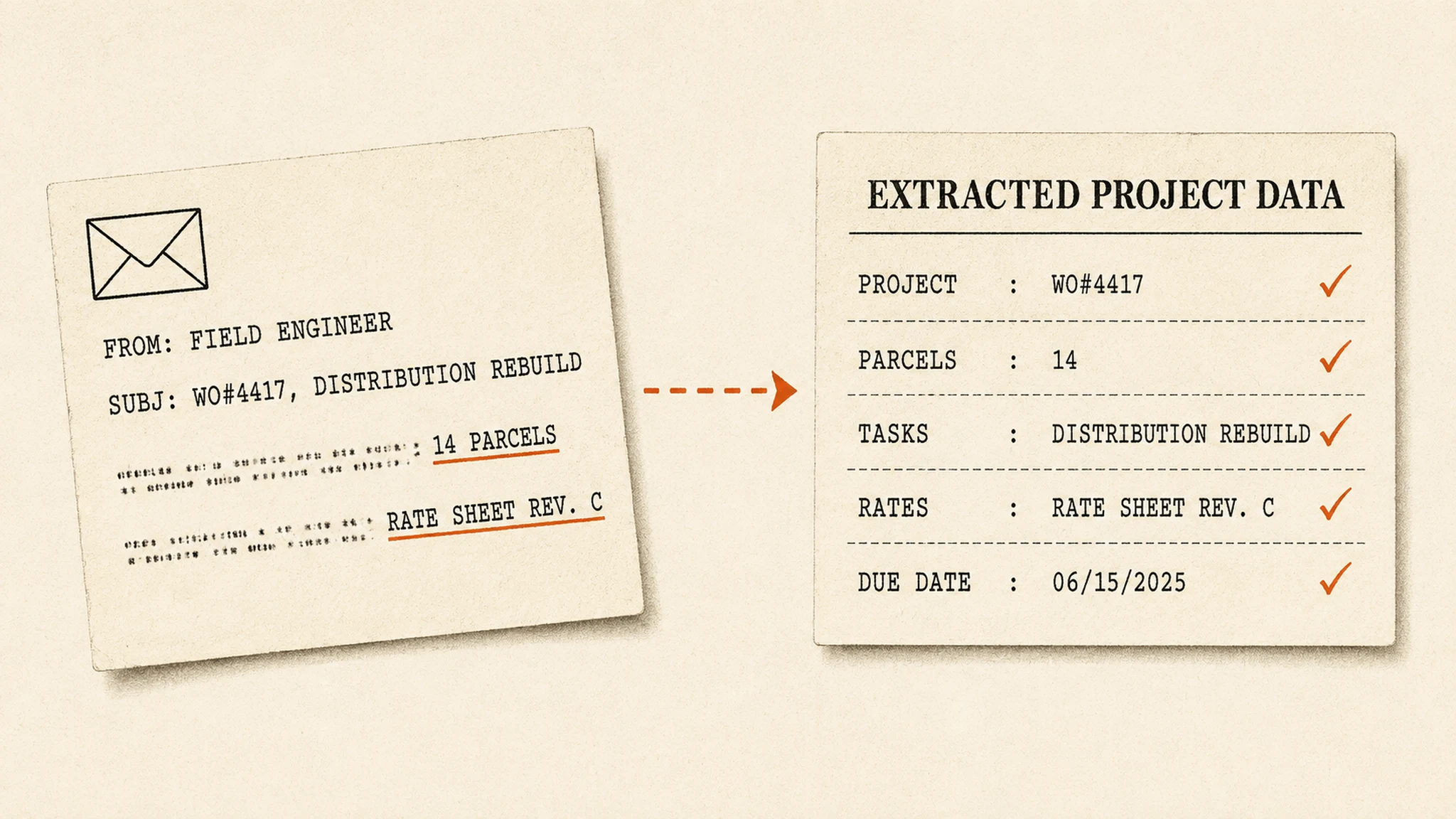 A field engineer's typed email being converted into an extracted project data card: work order, parcels, tasks, rates, due date