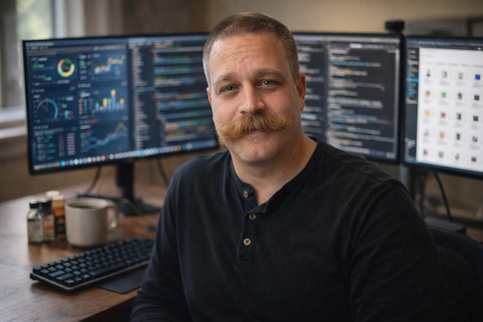 Joshua Hill at his desk, working across multiple monitors
